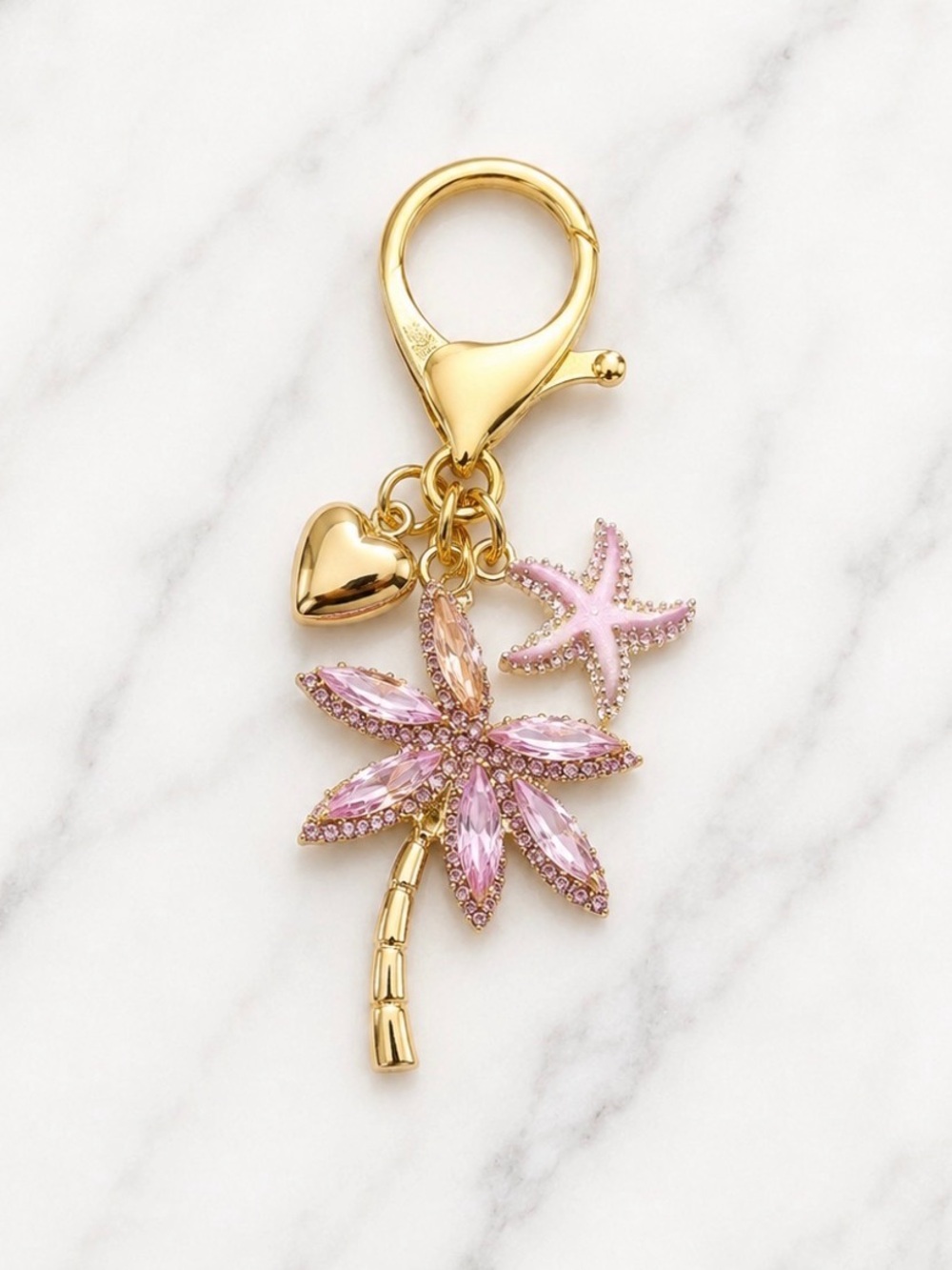 Pink Rhinestone Palm Tree Bag Charm/Keycharm with Starfish and Heart Accents